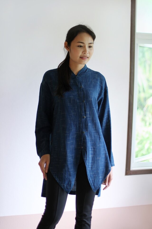 ノの字前開きのインディゴ長袖ブラウスジャケット