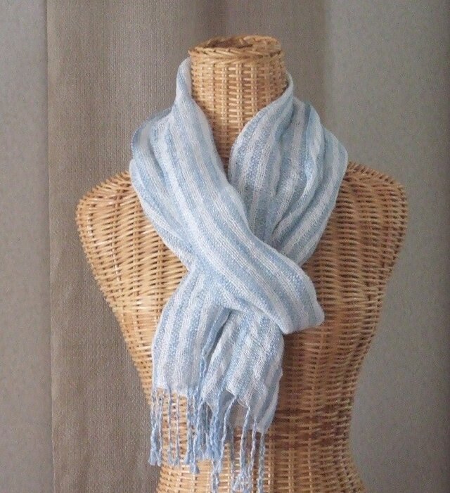 手織りリネン＆コットンストール・・水色ストライプ