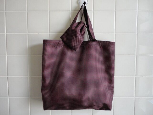 エコバッグ 濃茶*赤チェック(小袋付)の画像1枚目