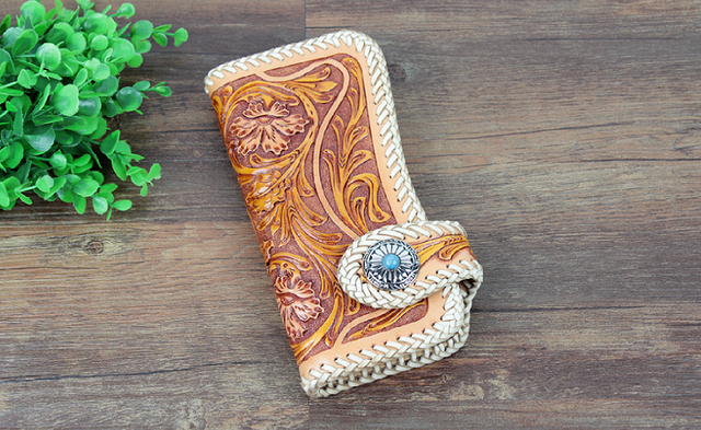 海外購入 本革キャップ 手彫りカービング 本革 手彫りレザーカービング 革レースコンチョ付ロング