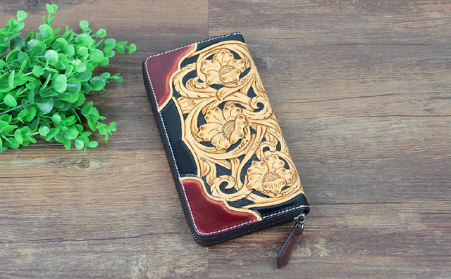 本革 大人可愛い手彫りレザーカービングロングウォレット | iichi 日々