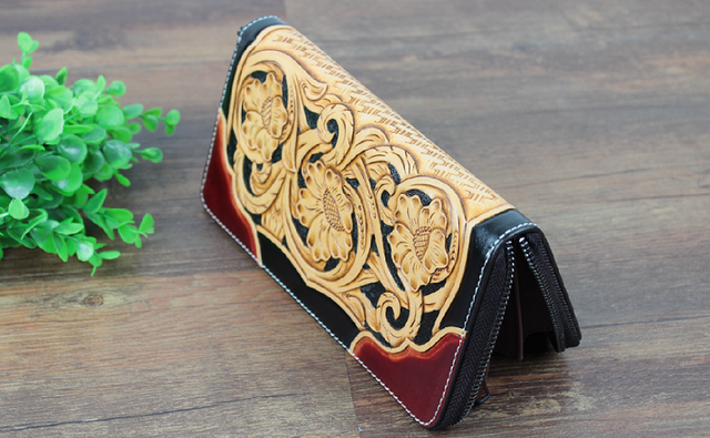 本革 大人可愛い手彫りレザーカービングロングウォレット | iichi 日々