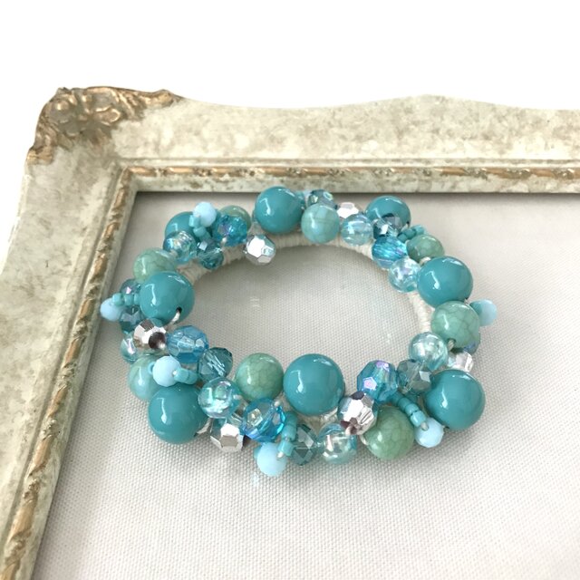 シュシュ  ヘアゴム  クリア/ブルー ターコイズ ブルー のクロッシェ シュシュ かぎ針編み ビジュー ビーズ