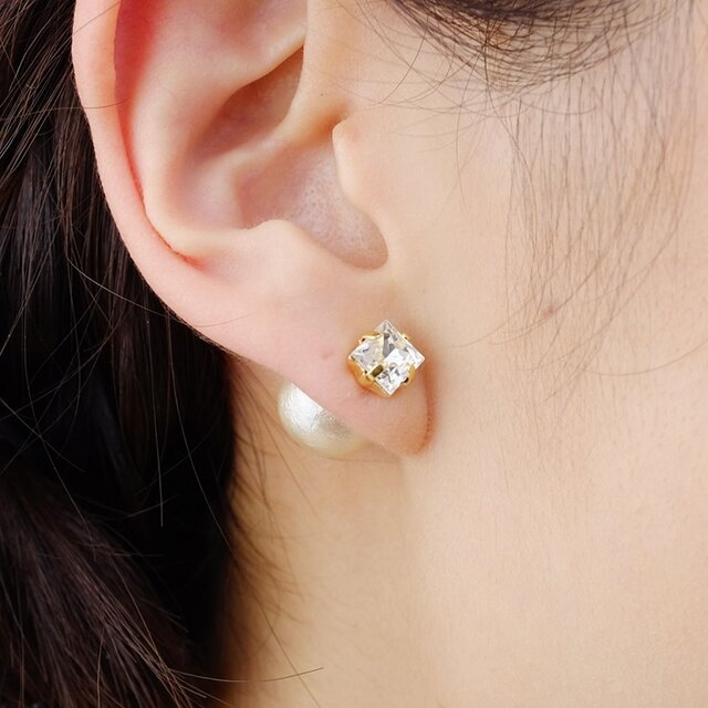 3way／12mmバックパールキャッチ◇スクエアクリスタルピアス<p_75