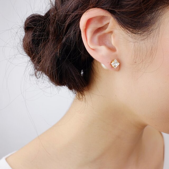 3way／12mmバックパールキャッチ◇スクエアクリスタルピアス<p_75