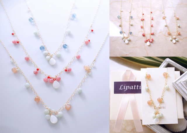 ビルマ翡翠とオレンジムーンストーン・白蝶貝のネックレス