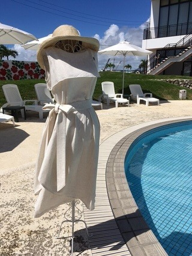 【リネン　ワンピース】　トレンチ風　ライトサンドベージュ（Ｍサイズ）