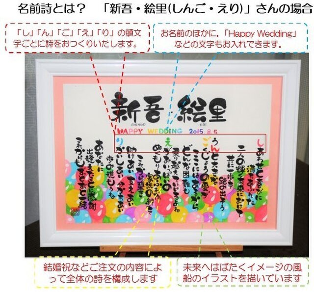 結婚祝いのプレゼント オーダーメイド A4サイズの風船のイラストの名前詩 Iichi ハンドメイド クラフト作品 手仕事品の通販