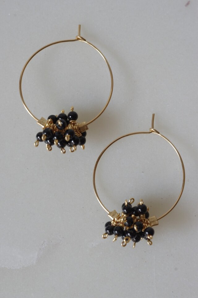 <受注制作>ブラックスピネルのフープピアス・イヤリング　【ecume series -noir-】