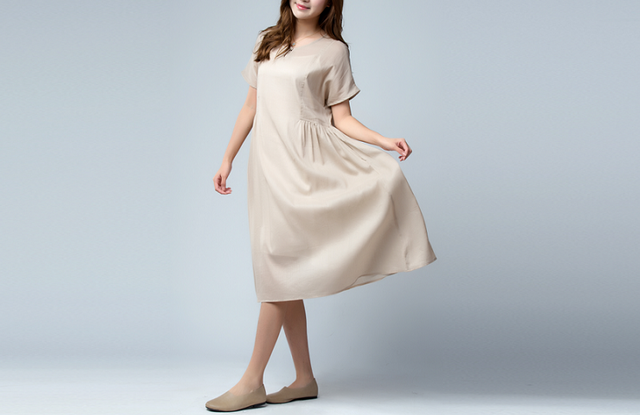 綿麻生地 上品さあふれる可愛いハイウェスト半袖ワンピース ♪Khaki♪の画像1枚目