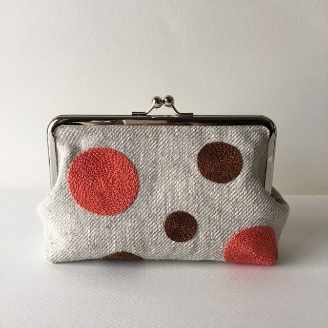 オレンジ&ブラウン ドット柄 - 18㎝リネンガマ口ポーチ