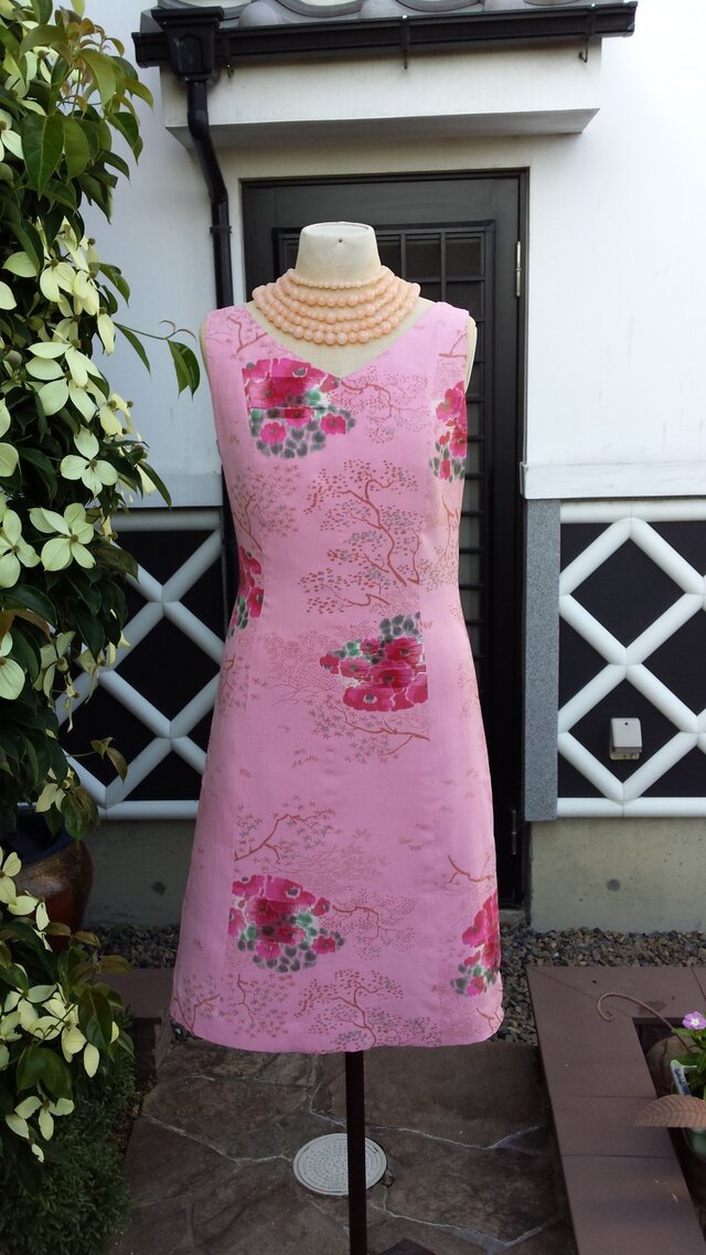 Sale 着物リメイク☆ピンク　花柄　銘仙　ワンピース　　ハンドメイド
