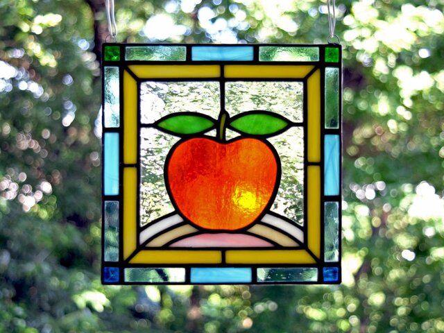 りんご　ステンドグラス　ミニパネル