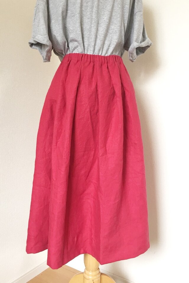 【大人用】タックスカート 国産リネン100％ ベリーレッド フリーサイズ