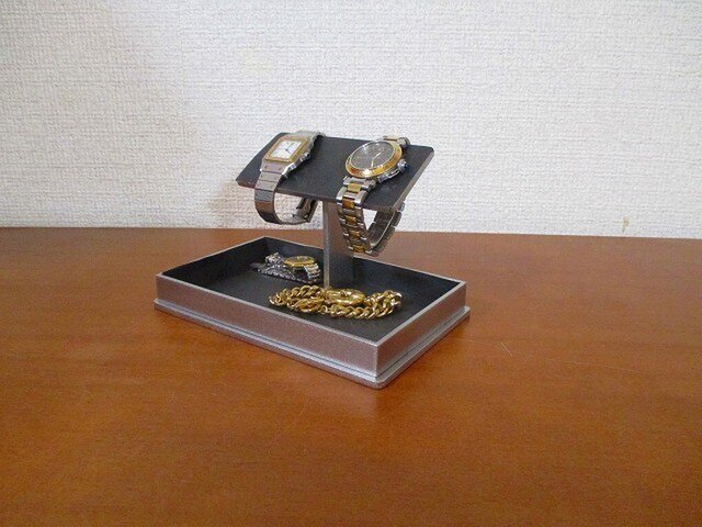 バー2本掛け大きいトレイ腕時計スタンド ブラックの画像1枚目