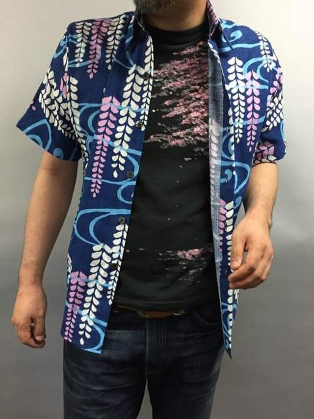 半袖和柄シャツ 流水に藤の花 Iichi ハンドメイド クラフト作品 手仕事品の通販