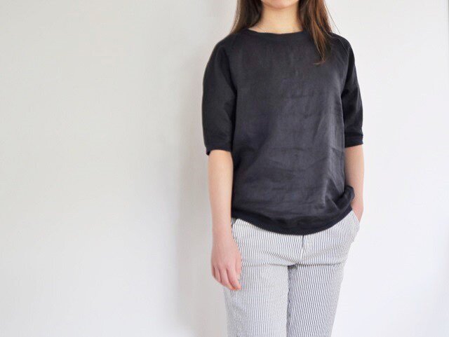 リブ付リネンラグランスリーブTシャツ<ネイビー>の画像1枚目
