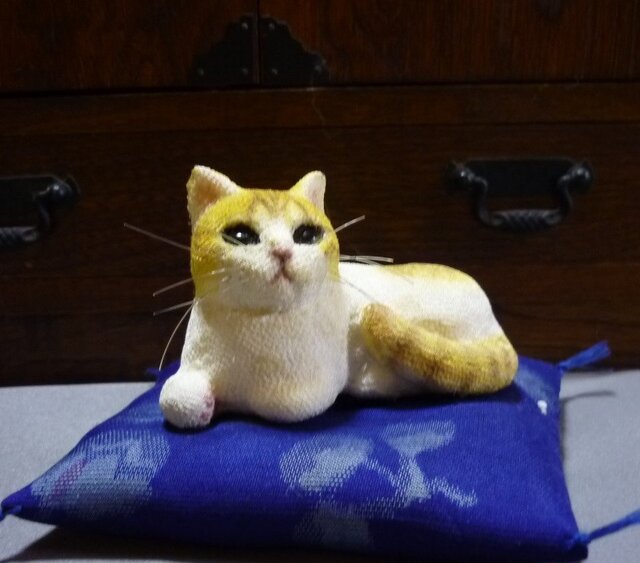 手乗り猫 白茶トラ猫さん 座布団付の画像1枚目
