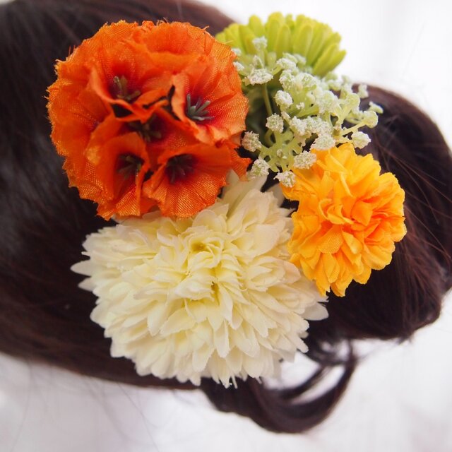 ❖髪飾り（花和小物）和モダンオレンジイエローマム・おまけ付き