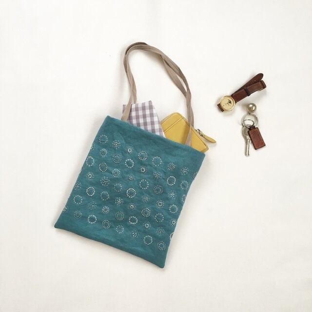 ミニバッグ[花玉]ターコイズ色×砂浜色