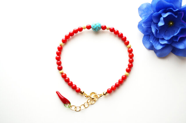 ターコイズ&珊瑚 ブレスレット Turquoise&Coral brecelet B0054の画像1枚目