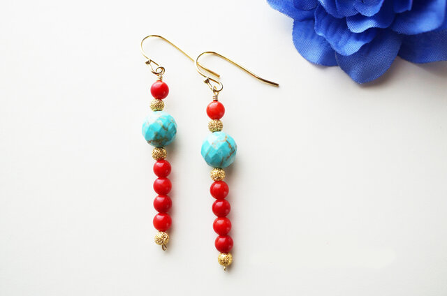 ターコイズ&珊瑚(コーラル) Turquoise&Coral earrings P0027の画像1枚目