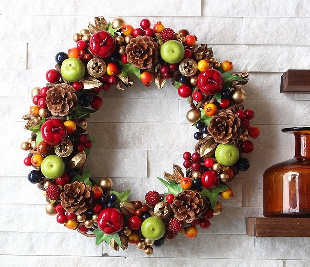 オレンジ・グリーン・トロピカル・松ぼっくり・リース (C04R