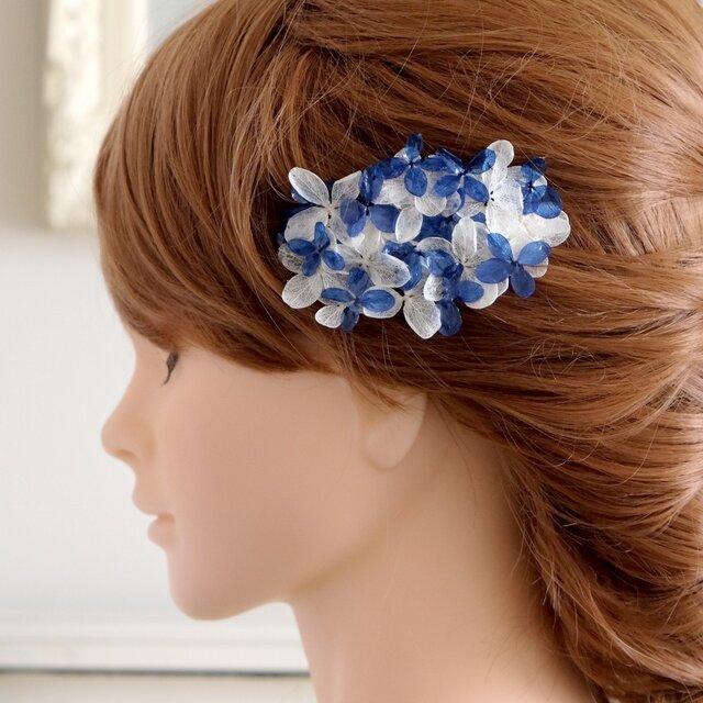 雨とアジサイのバレッタ(royal-blue) M #081の画像1枚目