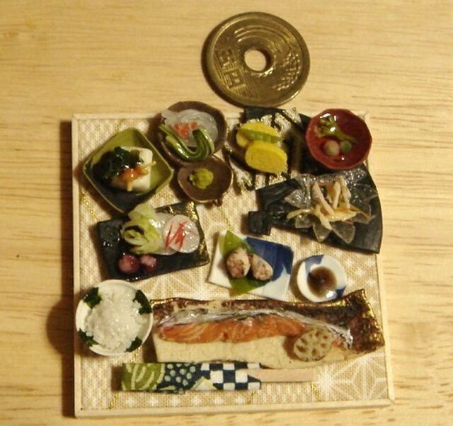 ★焼き鮭定食御膳・ベージュ和柄の画像1枚目