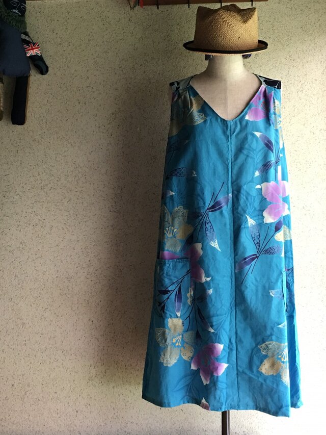 浴衣地ワンピース 水色花柄160721-02の画像1枚目