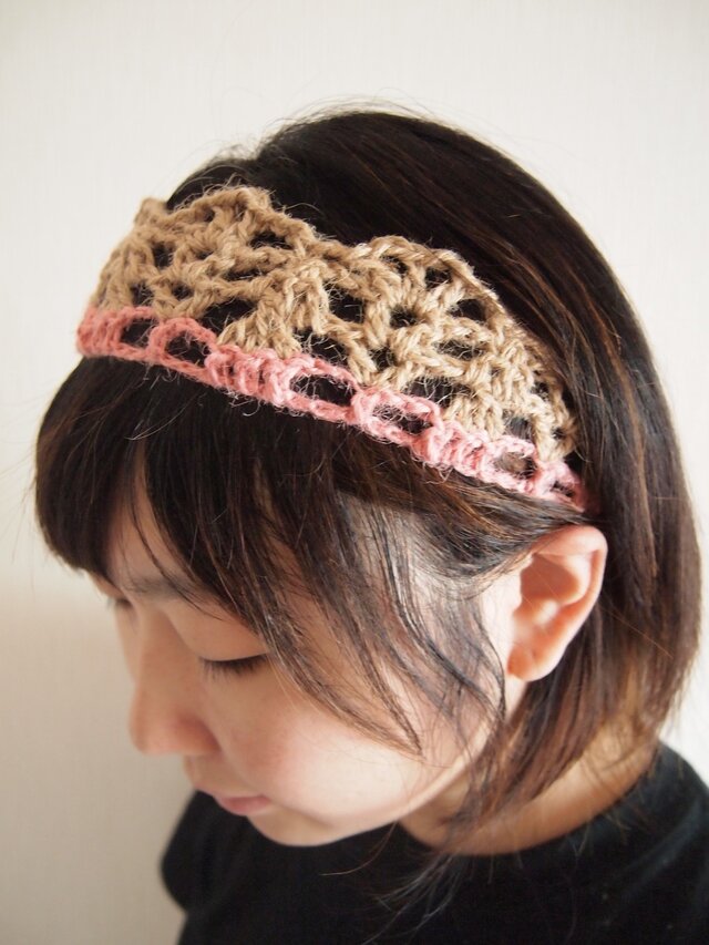 麻のヘアーバンド【ベージュ×ピンク】の画像1枚目