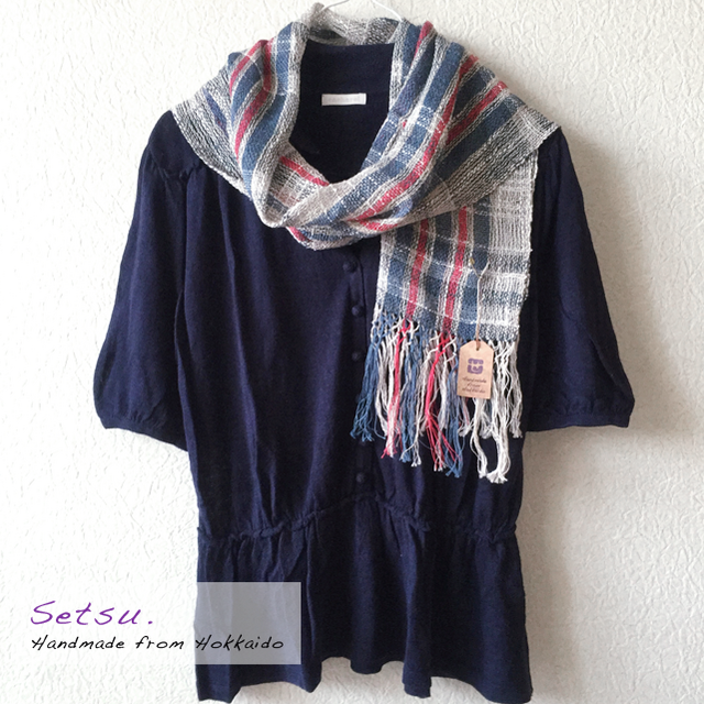 手織りストール ＃030 | 綿・麻：ブルー×レッドチェック