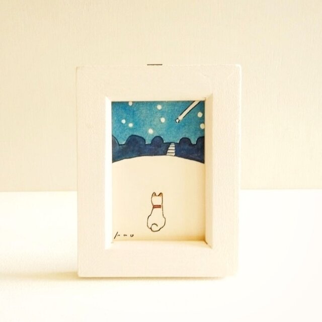 犬イラスト｜原画「流れ星」　※木製ミニ額縁入り
