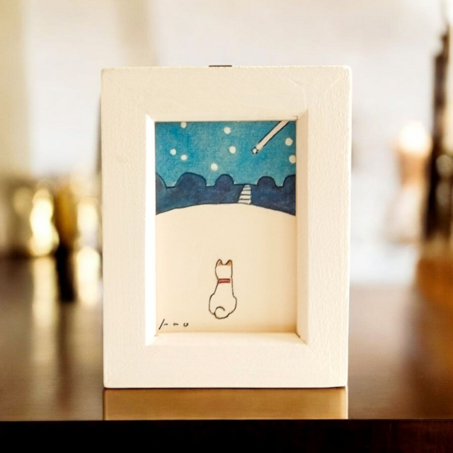 犬種変更OK】「流れ星」ミニ原画 イラスト ※木製額縁入り・水彩・犬の