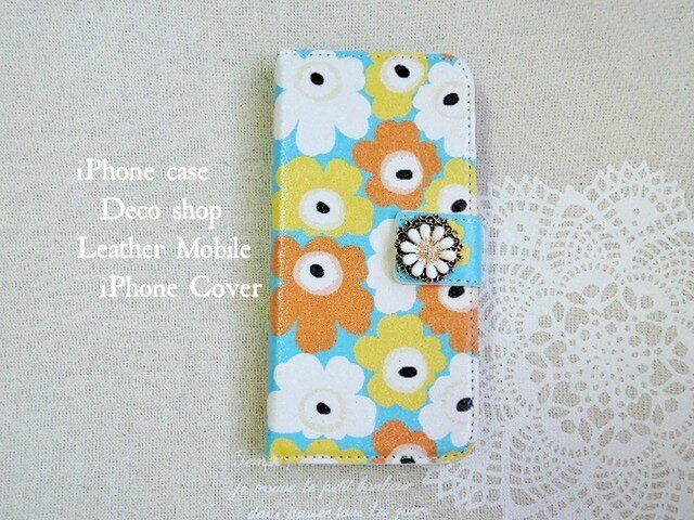 セール★iPhone5/5s/SE/6/6s♡花柄水色イエローフラワービジューつきの画像1枚目