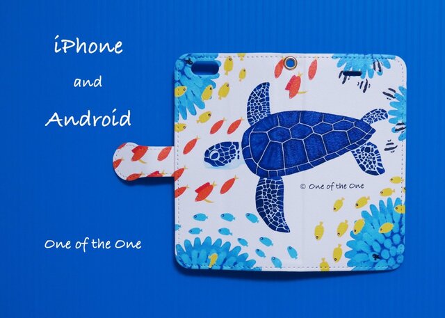 サンゴ礁の海&ウミガメ:iPhone(※Android機種)対応手帳型スマホケース <受注後制作>の画像1枚目