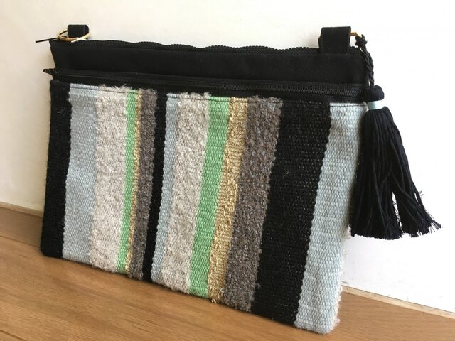 《アウトレット品》手織り布×帆布 2wayクラッチバッグ -ブラックとグリーンーの画像1枚目