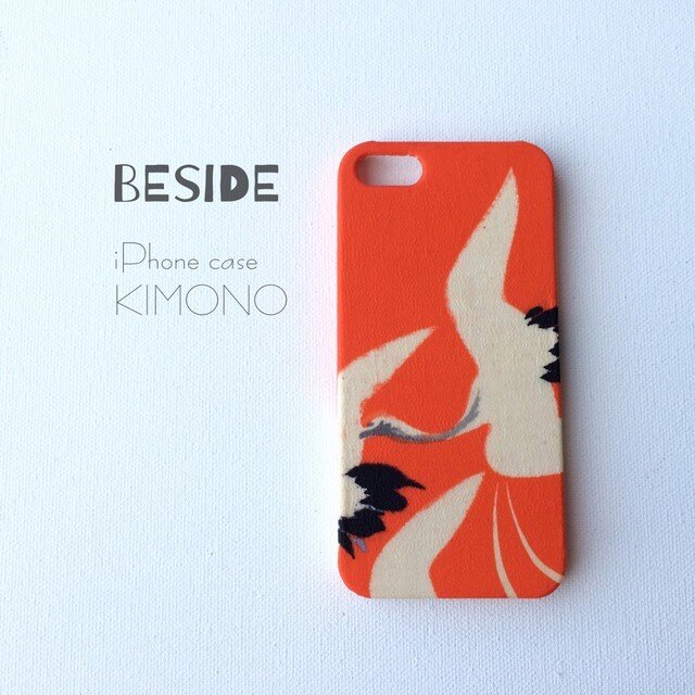 【 KIMONO 】希少・一点物☆アンティーク着物iPhoneケース(朱に鶴)の画像1枚目