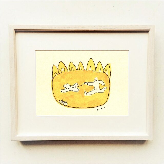 犬の絵｜原画「秋の公園」※木製額縁入り（インチサイズ）水彩イラスト