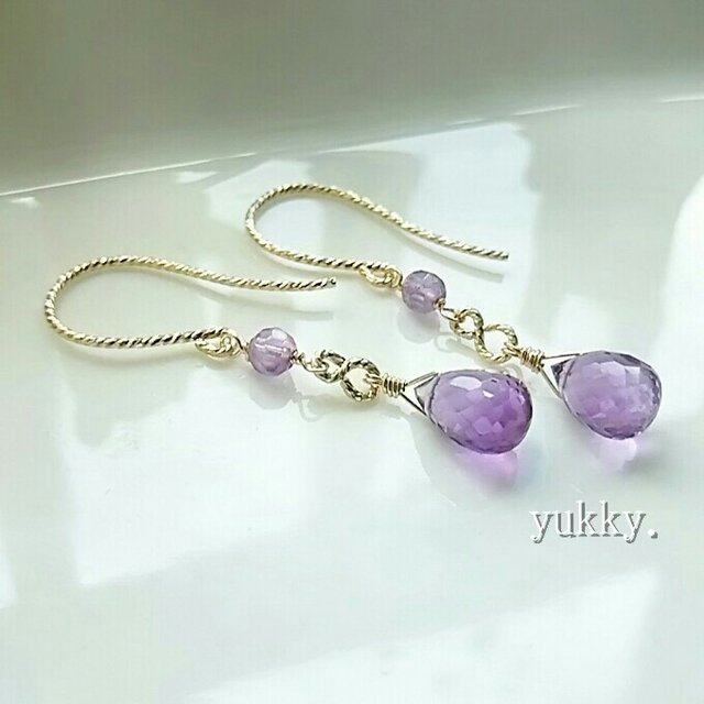 高品質アメジスト＊ドロップカット14kgfグリッターピアス