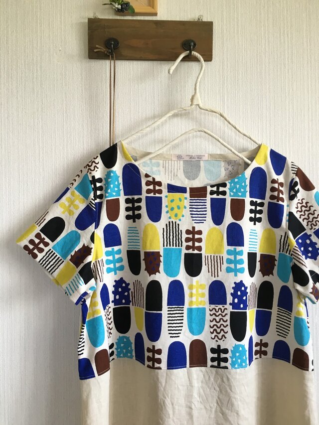 北欧調綿麻、リネンの切替チュニックワンピ