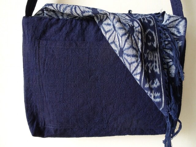 手織り久留米絣：麻の葉のフリンジ付きショルダーバッグ（B-19