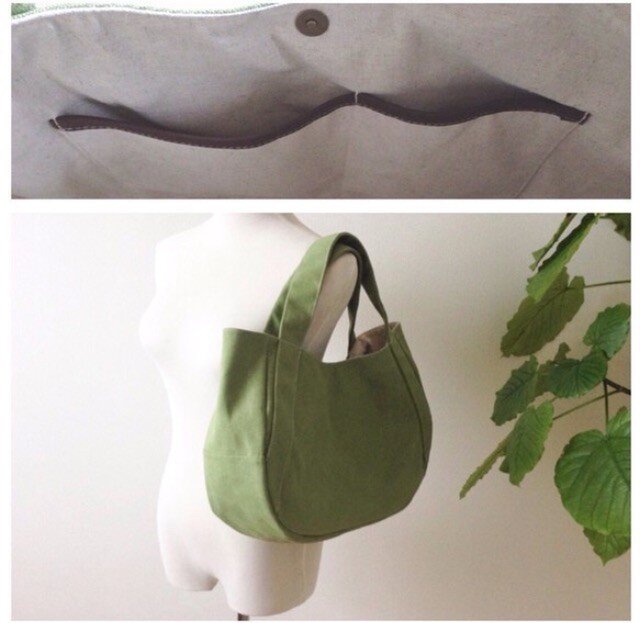 ヴィンテージ加工リーフグリーン帆布の肩掛け三日月トートバッグ