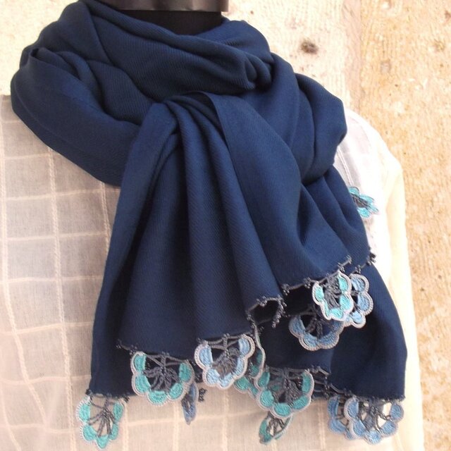 レースの花付き パシュミナストール　PS108　ティールグリーン