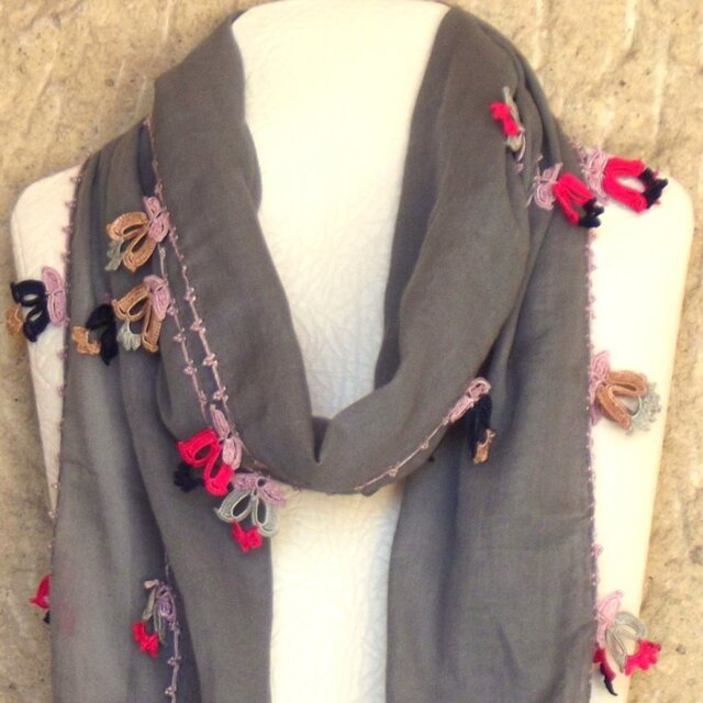 レースの花付きコットンストール　ST116　グレー