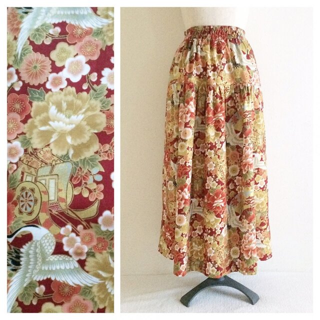 【和柄】はんなりと華やかな古典柄ティアードスカート（吉祥：臙脂）