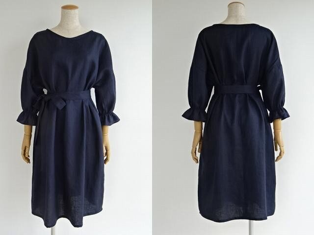 ロイヤルネイビーのリネンワンピース Iichi ハンドメイド クラフト作品 手仕事品の通販