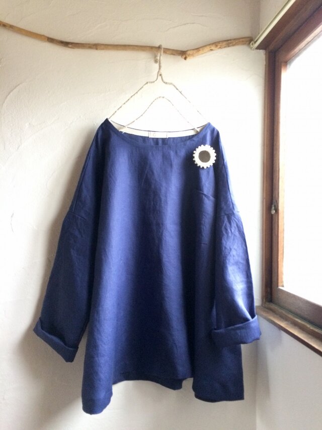 Y様　ご予約品　リネン１００　ポケット付きシンプル　プルオーバートップス　ブルー