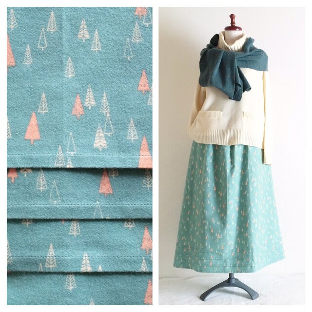 あったかAラインスカート（85cm丈）：コットンフランネル(冬の森：ペパミント）