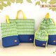 『hmmamさま専用』Treillis(格子・トレイリー）ライトグリーン×デニム　入園入学用品6点セット　ワッペンつきの画像